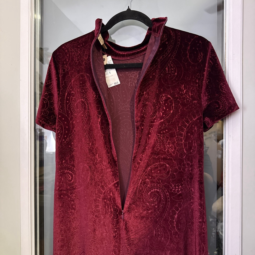 NWT Philosophy Burgundy Paisley Velvet Mock Neck Mini Dress M - Picture 5 of 8